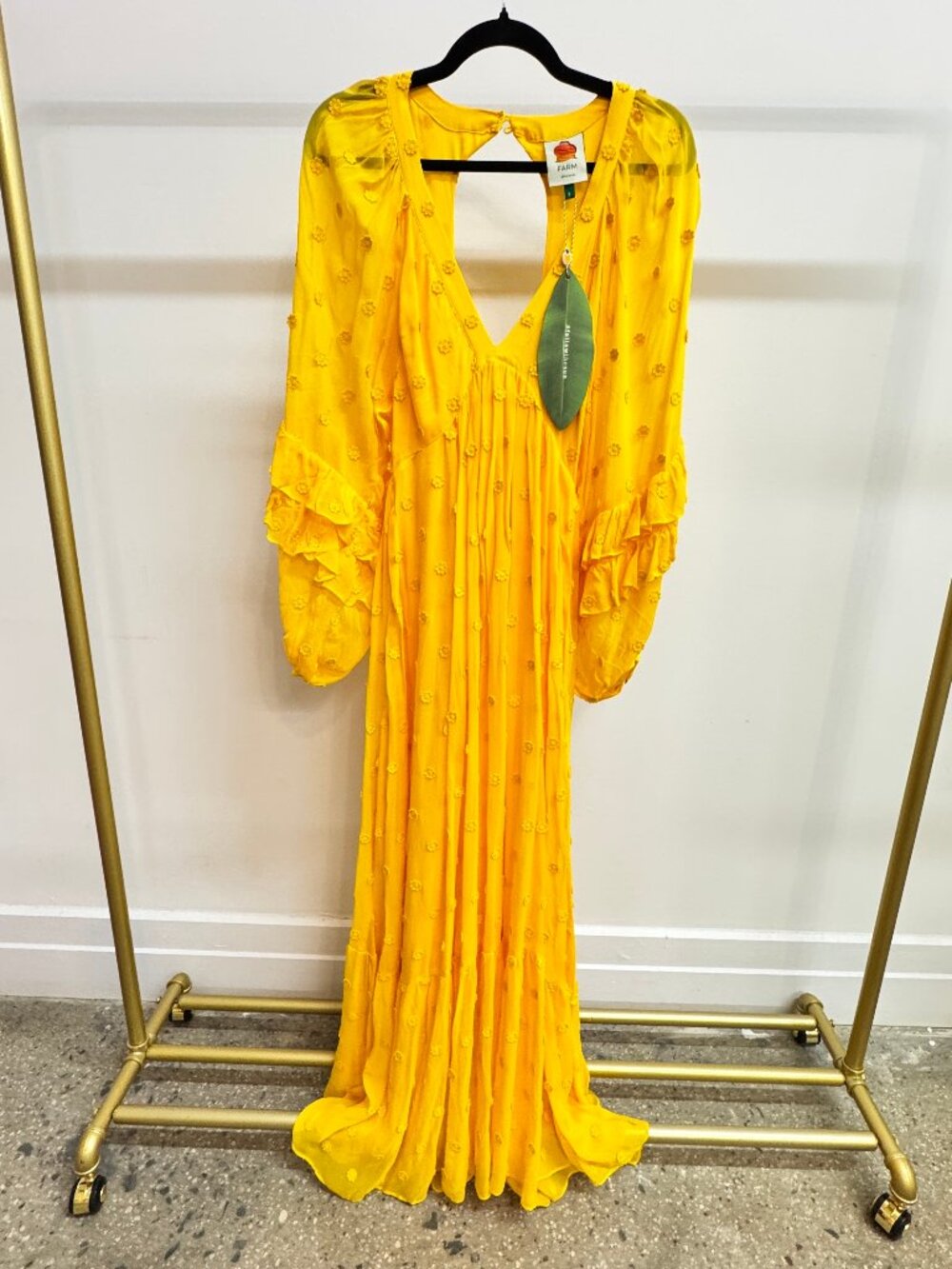 NWT FARM Rio Yellow V-Neckline Frills Floral Embroidered Maxi Dress